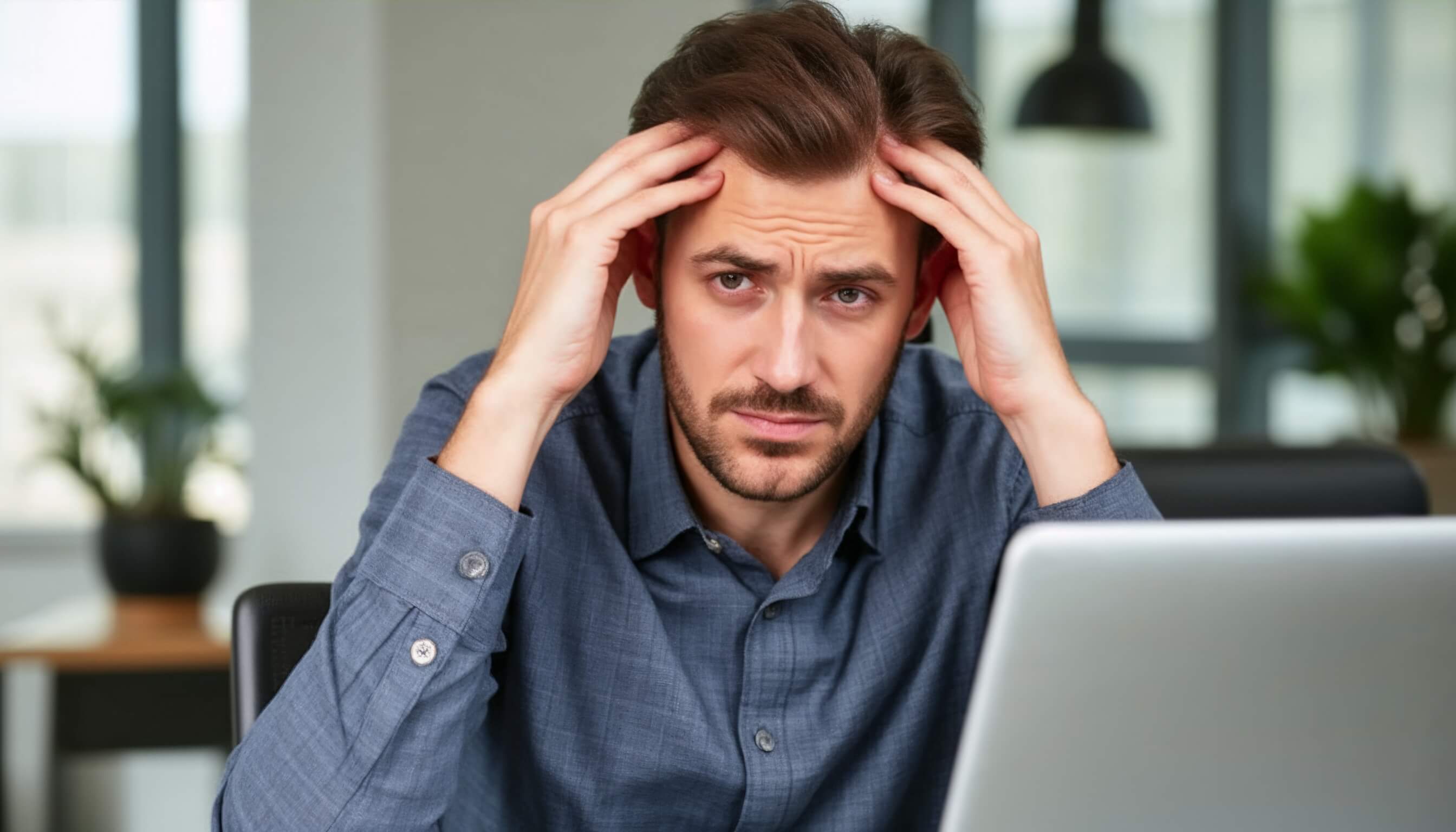 Man stressed at laptop struggling to find a car loan with a traditional bank