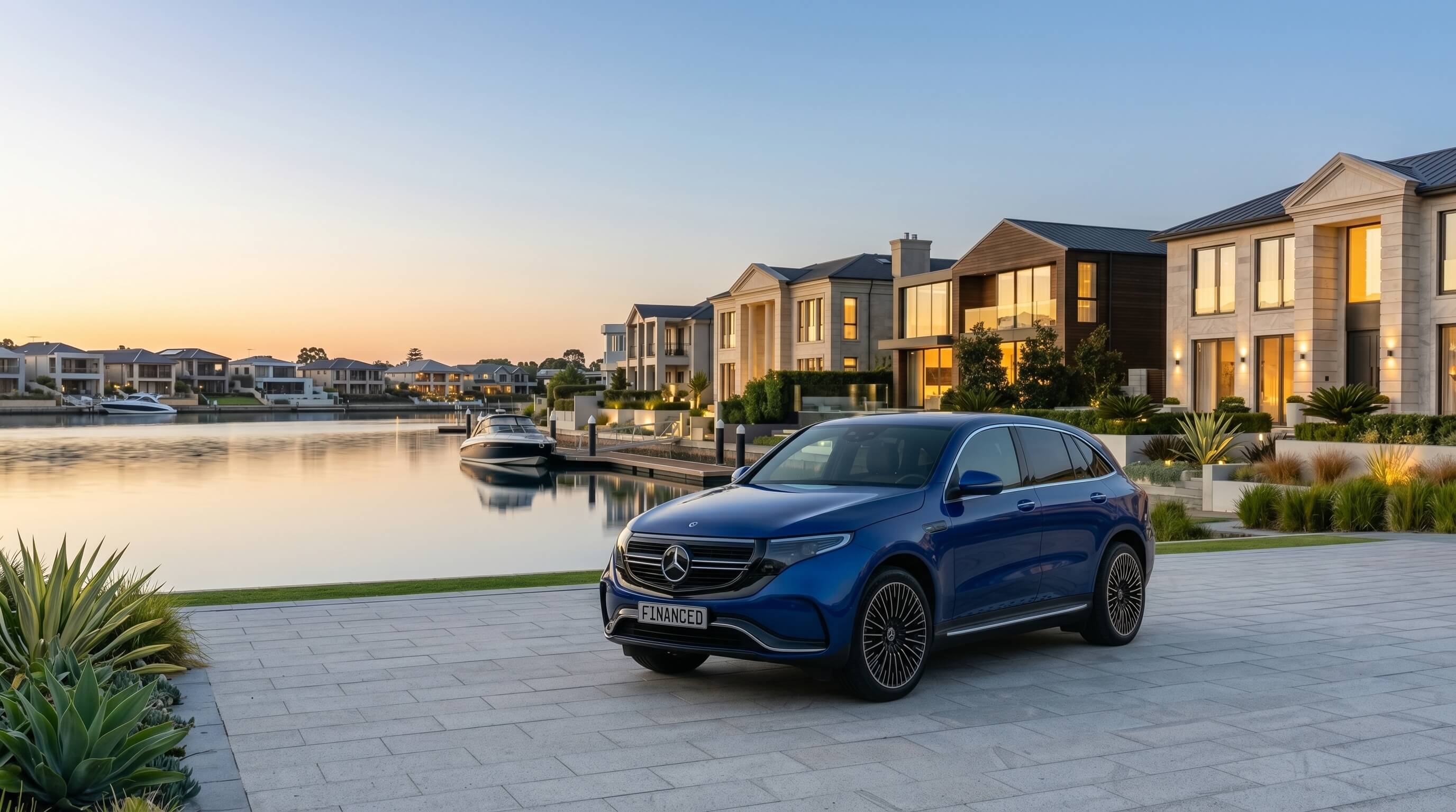 Sleek luxury car against a deep blue background representing premium vehicle financing through FinancedVehicles