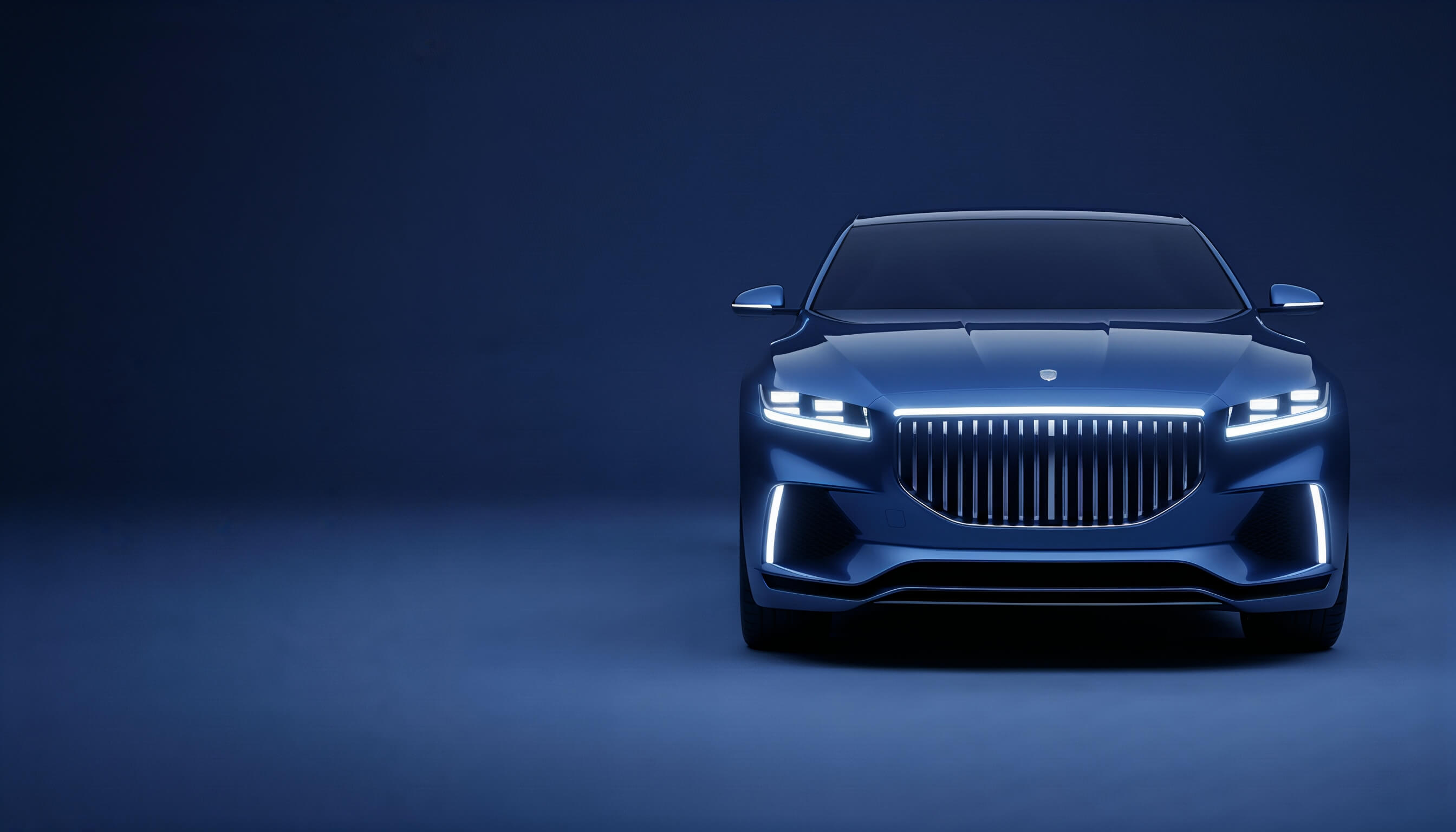 Sleek luxury car against a deep blue background representing premium vehicle financing through FinancedVehicles